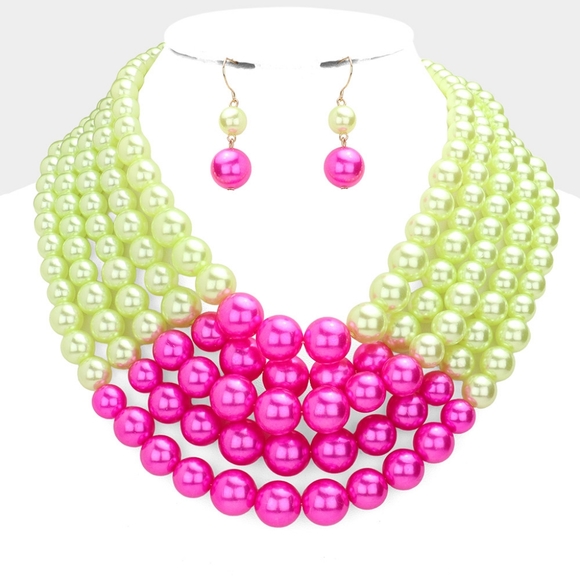 iFashionBox Jewelry - Multi Layered Pink Green Pearl Necklace Set Two Tone Earrings Statement Jewelry